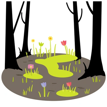 A burnt forest with blackened tree trunks and charred branches stands as a backdrop. In the foreground, new green shoots emerge from the earth, showcasing resilience and growth. Small patches of vibrant green grass spread across the forest floor, contrasting with the dark remains. Sunlight filters through the sparse leaves of the trees, illuminating the fresh sprouts. A few colorful wildflowers bloom among the new growth, adding pops of color to the recovering landscape.