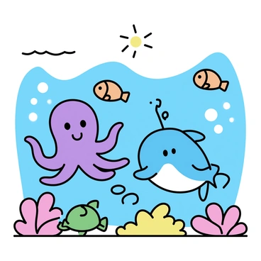 Two cartoon characters, a cheerful dolphin and a curious octopus, are swimming together through an underwater world. The dolphin is light blue with a friendly smile, while the octopus has bright purple skin and large, expressive eyes. Surrounding them are various colorful sea creatures, including orange clownfish, a green sea turtle, and vibrant coral reefs in shades of pink and yellow. Sunlight filters down through the water, illuminating the scene and highlighting the diverse marine life. Bubbles rise as the characters playfully explore their vibrant surroundings.