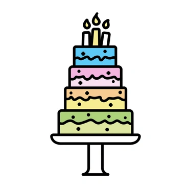 A tall, five-layered cake stands on a simple white pedestal. Each layer is decorated with vibrant icing in various colors, including blue, pink, yellow, green, and orange. Small edible decorations, such as stars and sprinkles, are scattered across the icing. The top of the cake is adorned with a cluster of colorful candles, ready to be lit. A slight sheen on the icing highlights its smooth texture.