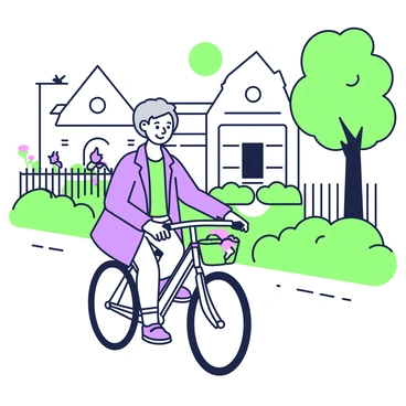 An elderly person is riding a bicycle along a tree-lined street in a suburban neighborhood. The person has gray hair and is wearing a comfortable blue jacket over a light shirt. They have a cheerful expression as they pedal. The bicycle is equipped with a basket at the front, holding a small bouquet of flowers. In the background, there are houses with green lawns and a few colorful flowers in front. A couple of birds can be seen perched on a nearby fence. The sun is shining brightly, adding warmth to the scene.