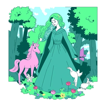 A teal folktale character with flowing hair and a rich, intricate costume stands in a vibrant magical forest. The character has a gentle expression and is surrounded by various mythical creatures, such as a pink unicorn with a shimmering mane and a small white fairy with delicate wings. Lush green trees tower in the background, their leaves illuminated by sunlight filtering through the canopy. Colorful flowers bloom at the character's feet, adding to the enchanting atmosphere of the scene.