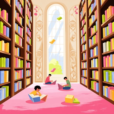 A giant magical library with tall, ornate shelves filled with colorful books. Many books are soaring through the air, circling around the room. Children are sitting on the grand, plush carpet, deeply engrossed in their reading, surrounded by soft, floating lights that illuminate the space in a warm glow. The library has tall stained glass windows allowing sunlight to filter through, casting vibrant patterns on the floor. There are intricate wooden carvings on the walls depicting whimsical scenes from various stories.