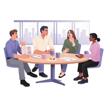 A group of four employees is gathered around a round table in a bright, modern office space during a coffee break. Two men and two women are engaged in conversation. One man, with light skin and short brown hair, is wearing a blue shirt and black trousers, and he is animatedly gesturing while speaking. The second man has medium skin, curly black hair, and is dressed in a white shirt with rolled-up sleeves and gray pants. He is listening intently. 

One woman has dark skin and long straight hair, wearing a green blouse and denim jeans, and she is holding a cup of coffee while smiling. The other woman has light skin and shoulder-length wavy hair, dressed in a pastel pink sweater and black skirt, taking notes on a tablet. On the table, there are several mugs, a plate of pastries, and a few papers with charts and graphs indicating their quota targets. The background shows a large window with a view of a city skyline.