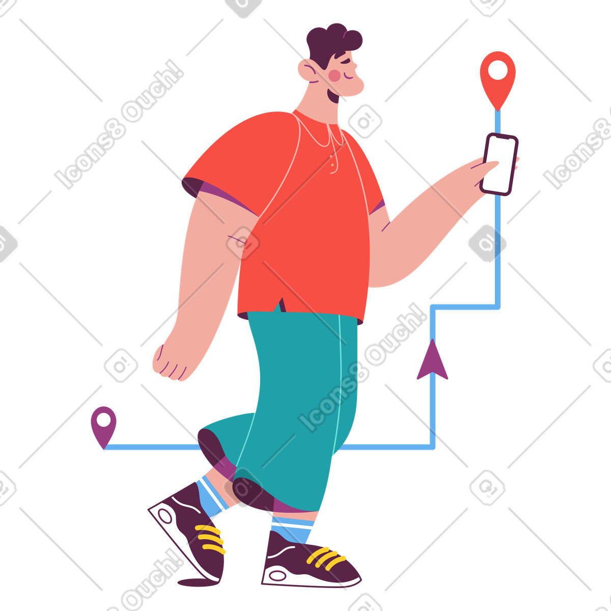 Sammy 스타일의 Person looking at mobile map while walking, GPS navigation for pedestrians 일러스트레이션 PNG, SVG 다운로드