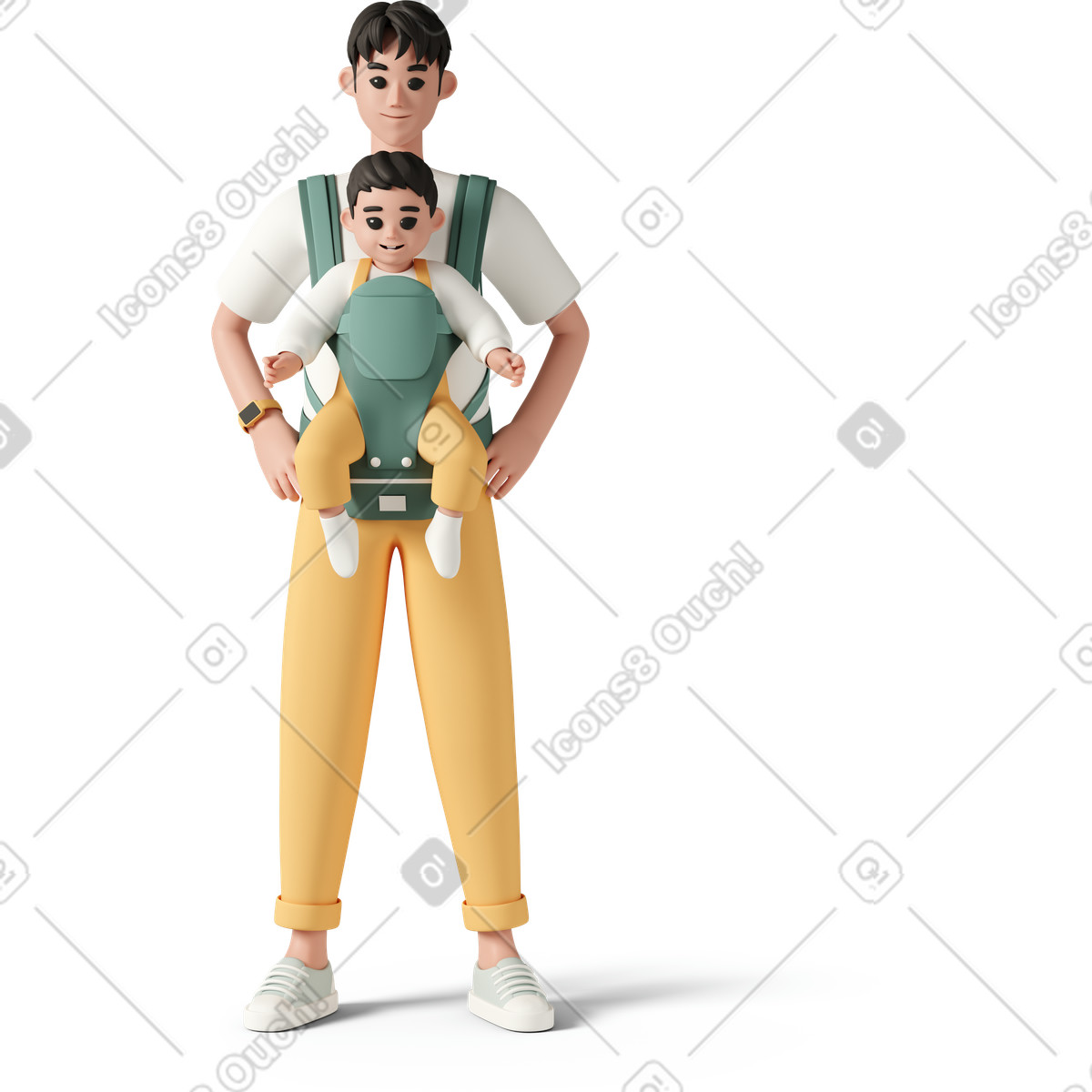 3D Casual life 스타일의 Man carrying son in baby sling 일러스트레이션 PNG, SVG 다운로드