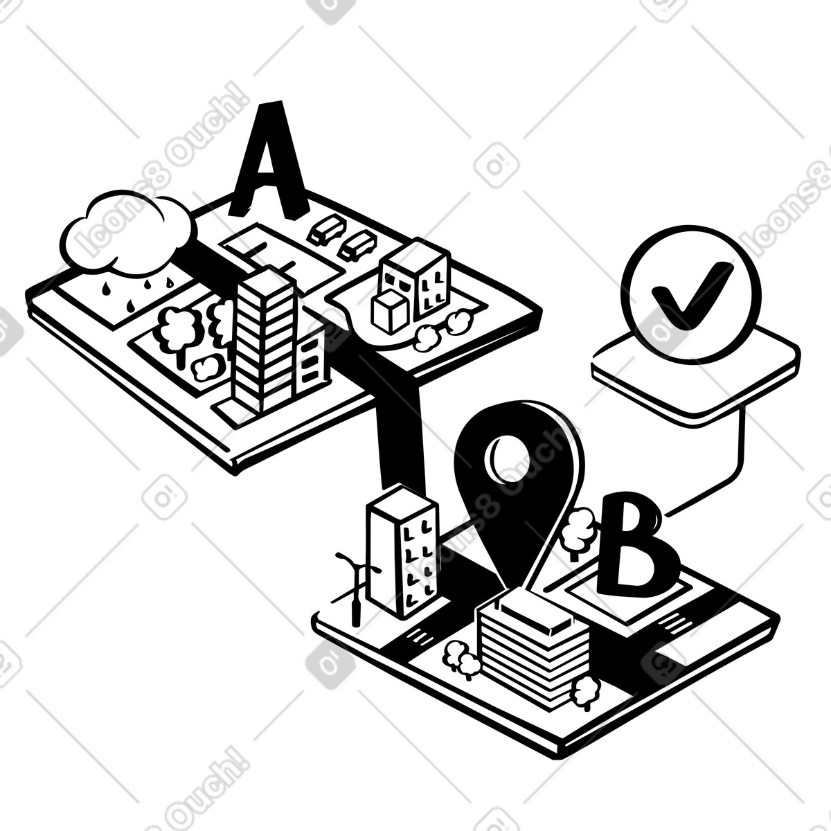 Journey navigation interface with route options and weather forecast illustration in Line style download in PNG, SVG
