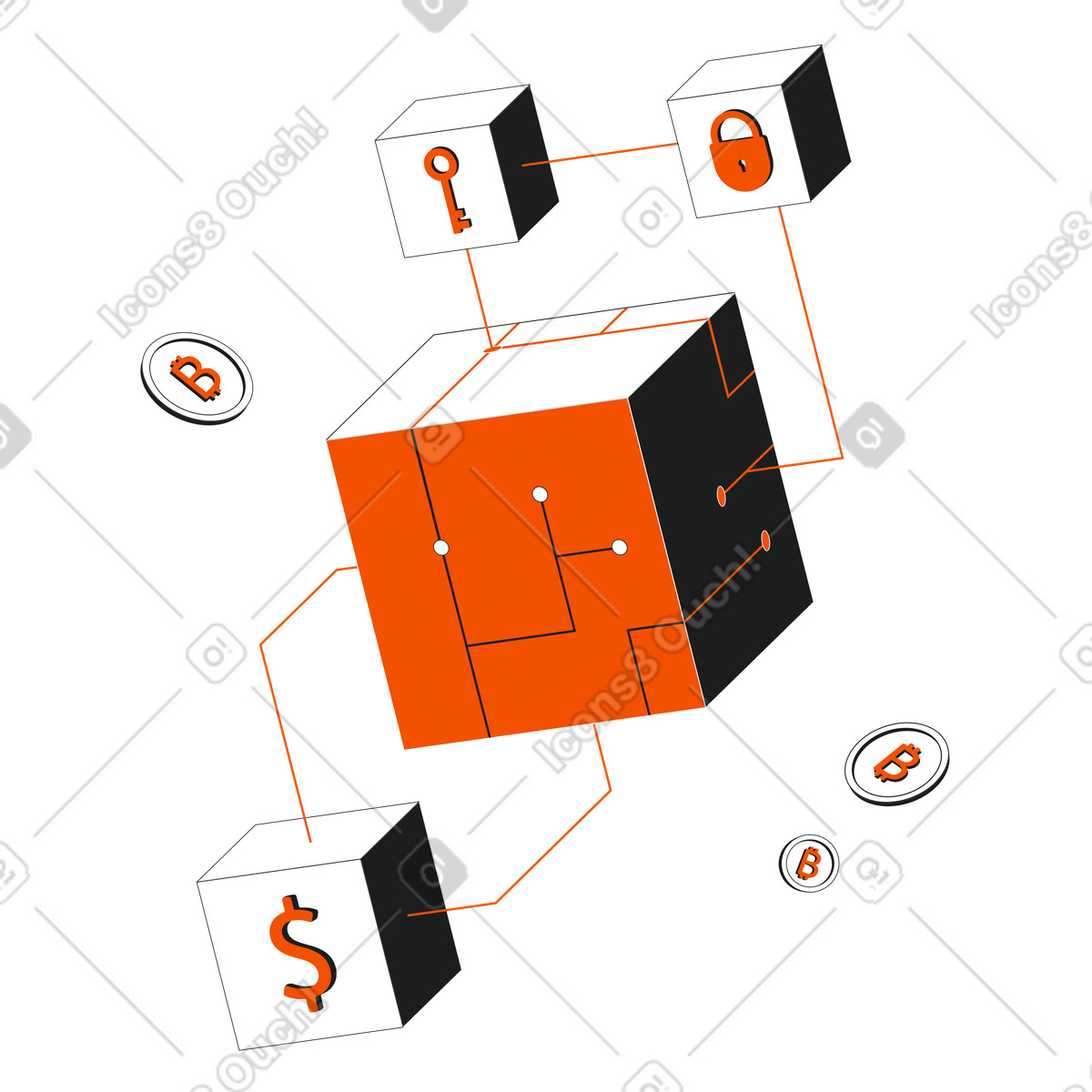 Blockchain technology and network components  illustration in PNG, SVG