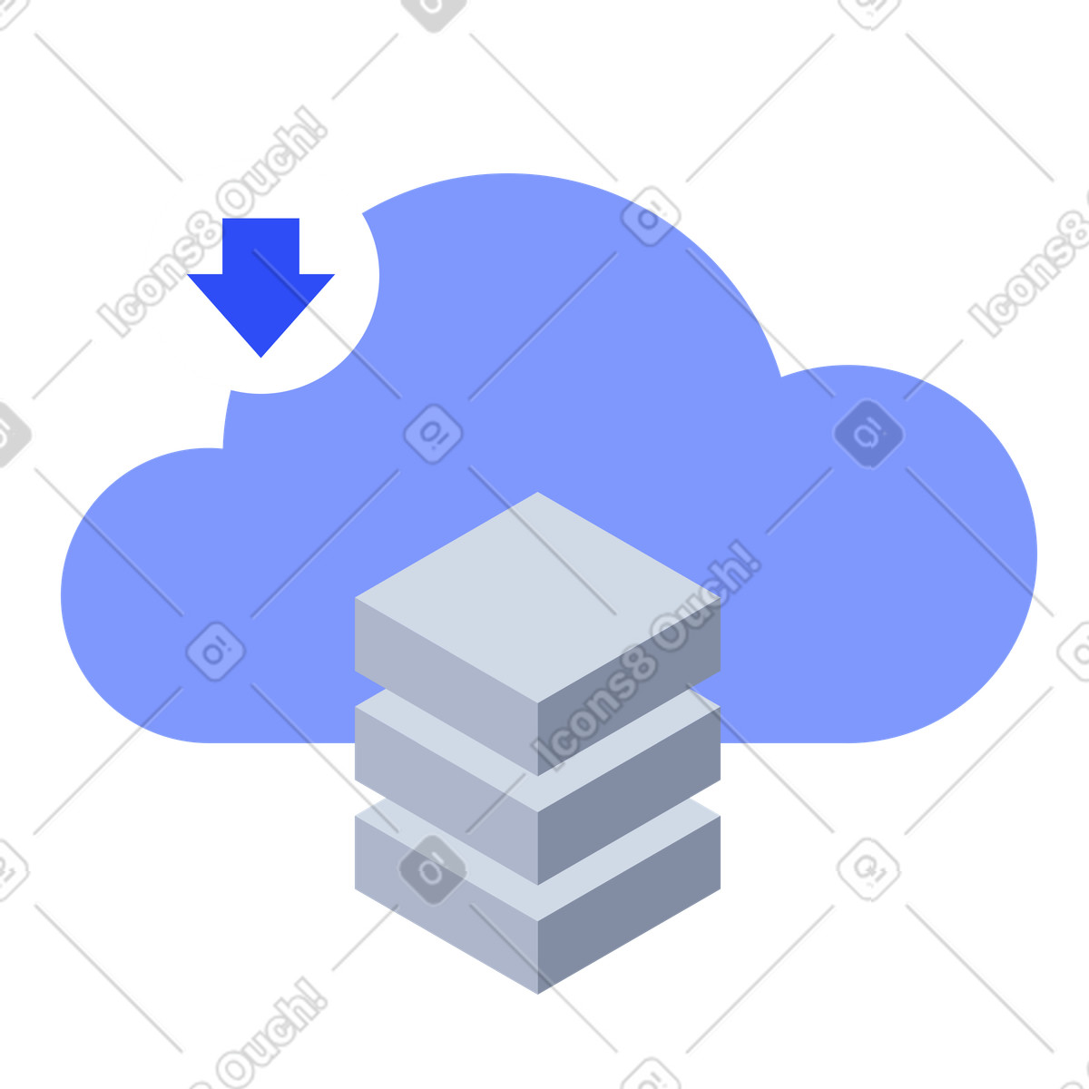 Cloud with server stack and download arrow, online storage file transfer illustrazione in stile System scarica in PNG, SVG