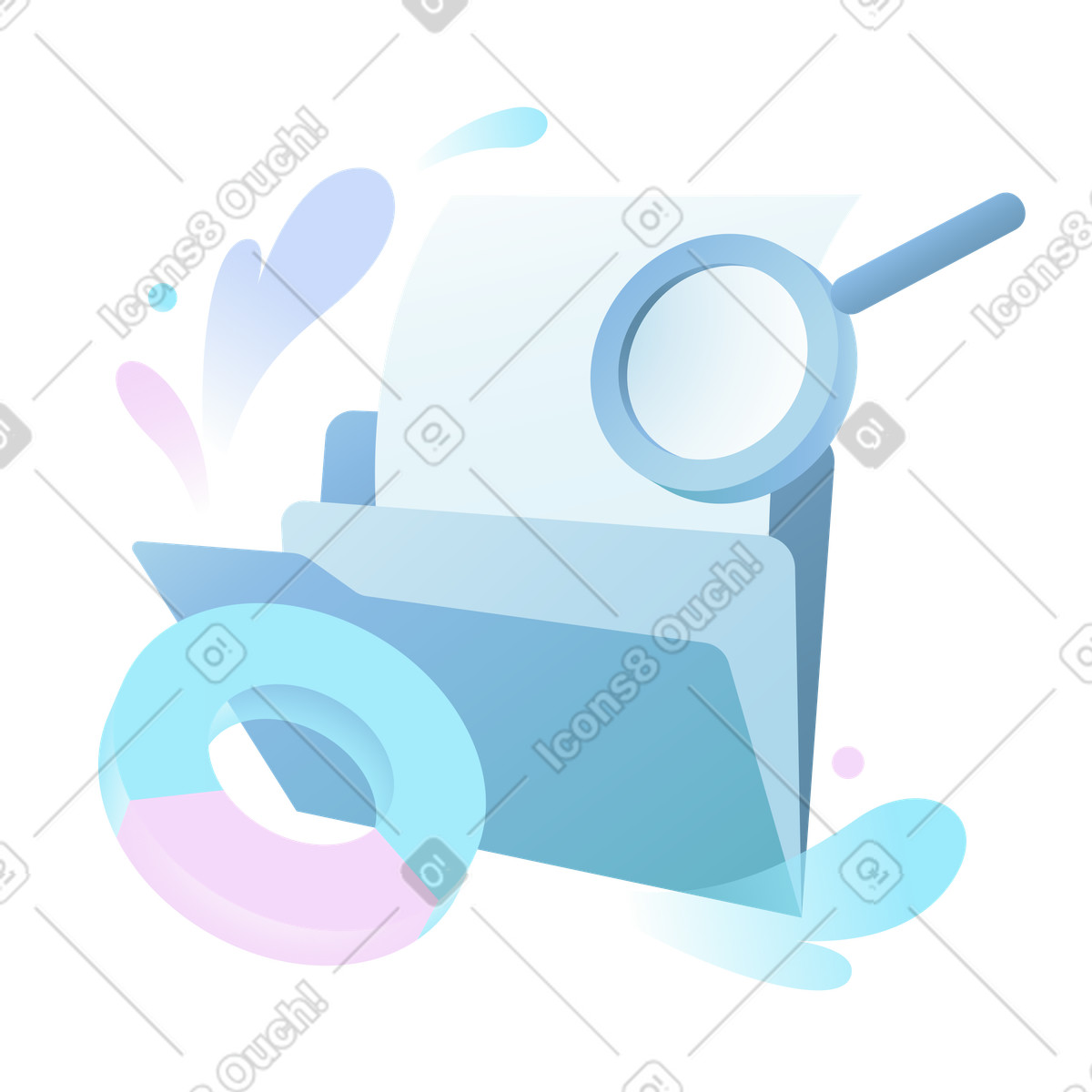 Magnifying glass with files folder, searching for documents, data storage illustration in PNG, SVG