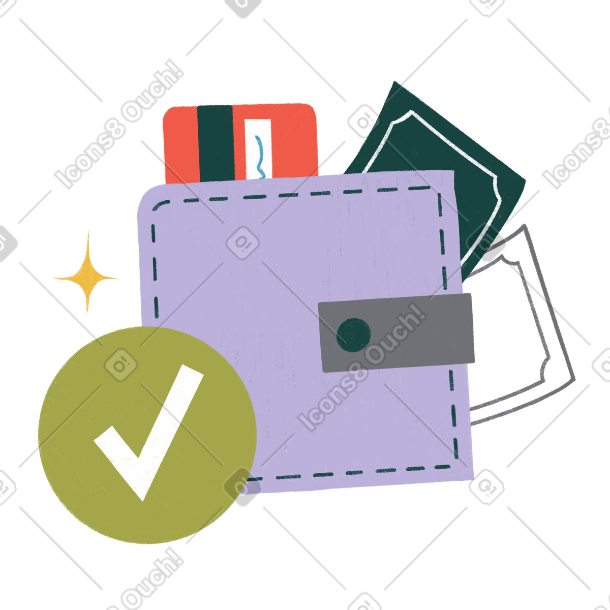 Wallet with credit card illustration featuring cash and a checkmark clipart for your projects