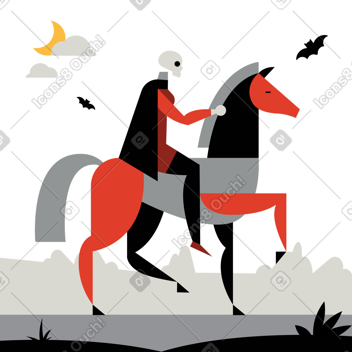 Ilustração de Esqueleto assustador cavalgando um cavalo à noite em no estilo Burgundy para baixar em PNG, SVG