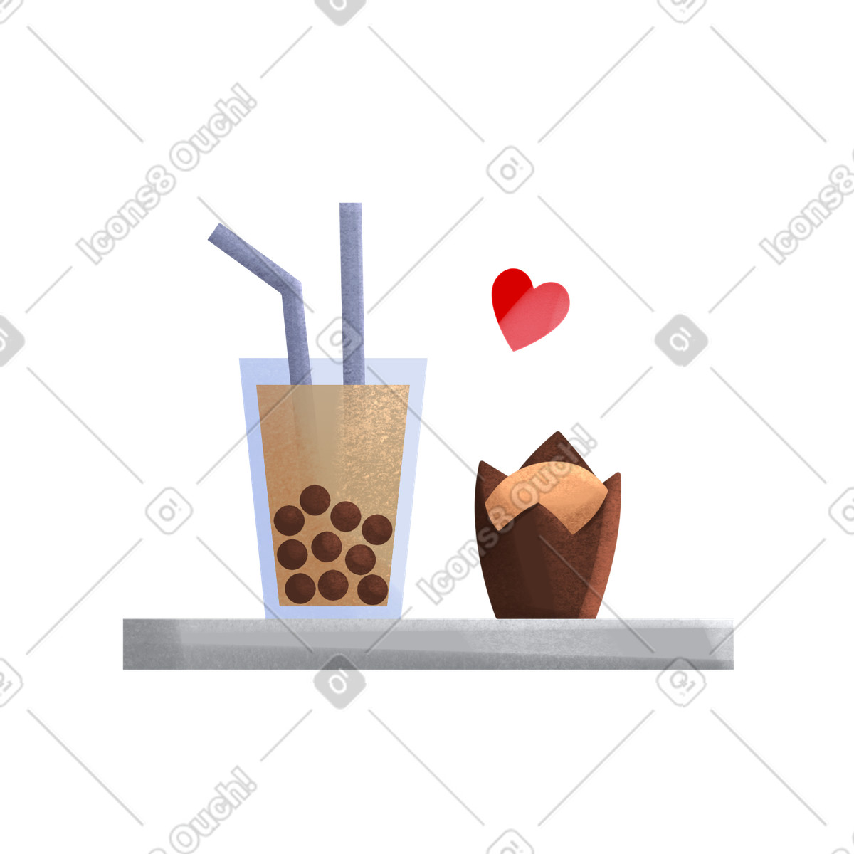 Ilustração de Tray with bubble tea and muffin em no estilo Shine para baixar em PNG, SVG