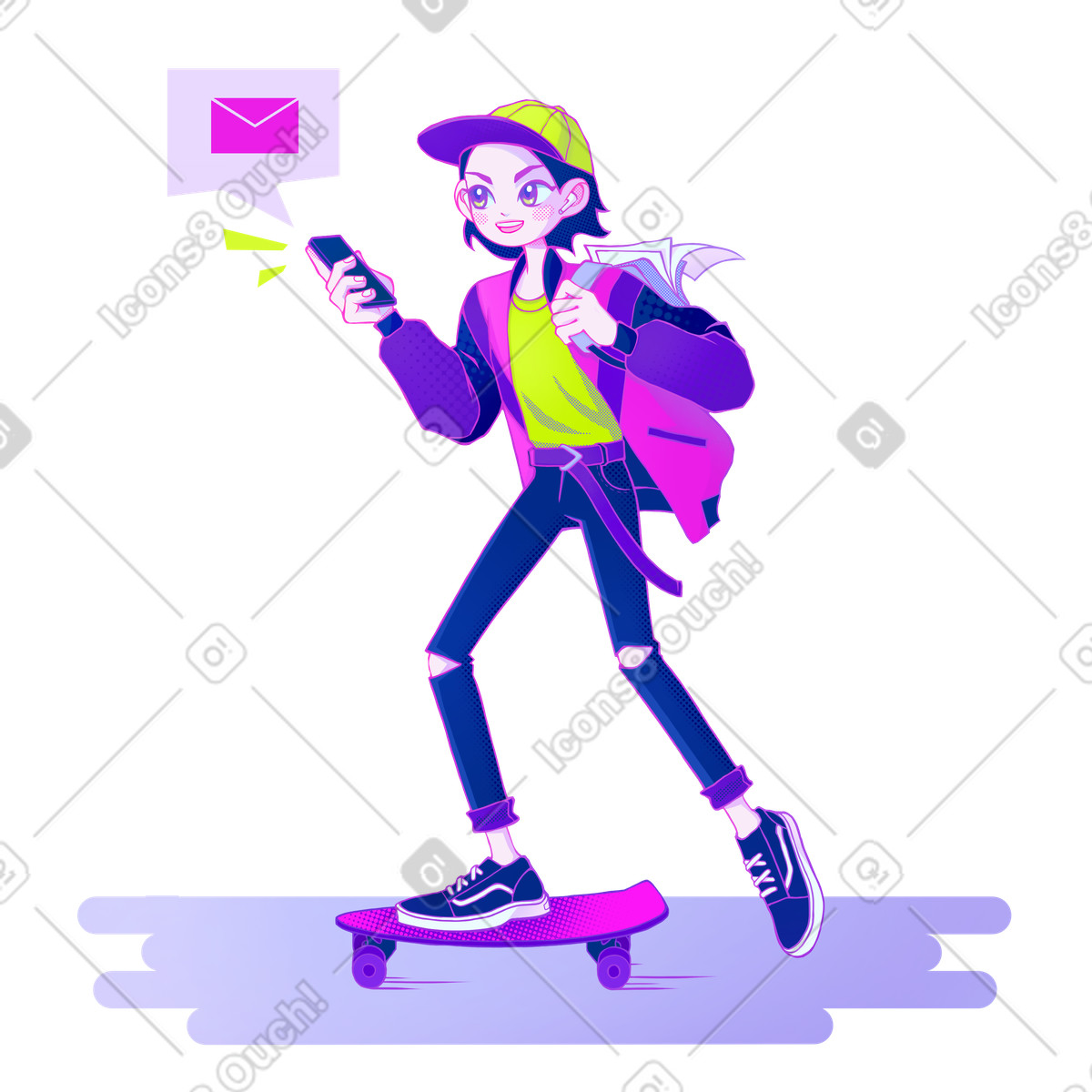 Ilustração de Homem anda skate e recebe uma nova mensagem em no estilo Experimental para baixar em PNG, SVG