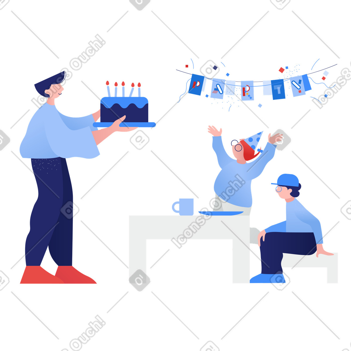 Ilustración Fiesta de cumpleaños infantil con pastel. en estilo Clip a descargar en PNG y SVG