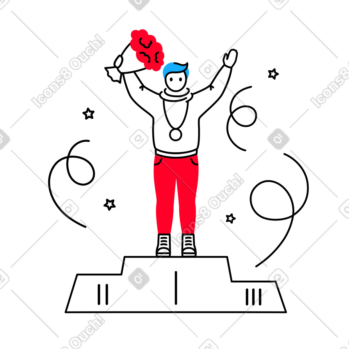 Ilustração de Atleta homem com uma medalha e flores em um pedestal no estilo Transistor para baixar PNG, SVG