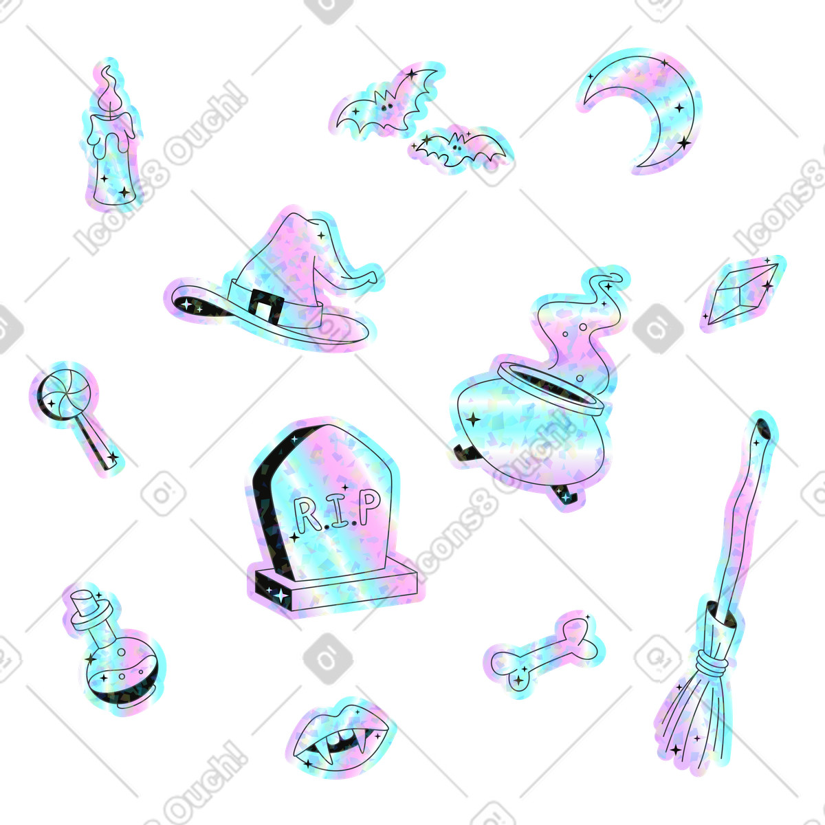 Illustration Pack d'autocollants d'halloween avec pierre de déchirure, pot potion et chapeau sorcière dans le style Holostickers à télécharger aux formats PNG, SVG