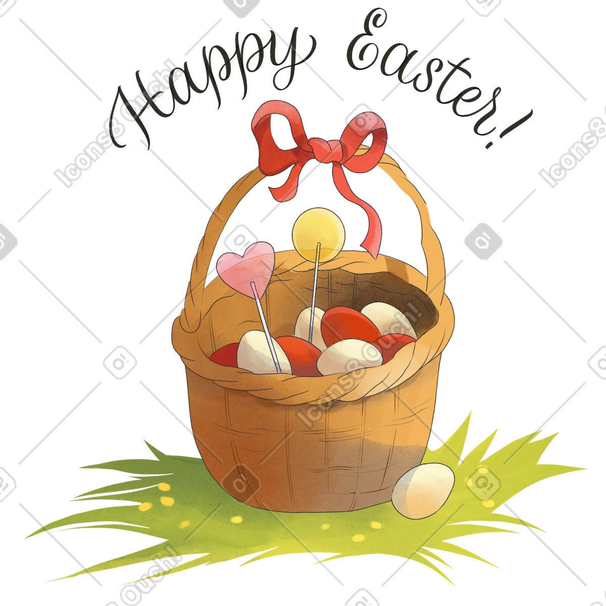 Illustration Joyeuses calligraphies de pâques et le panier avec des oeufs sur l'herbe dans style Seasons à télécharger aux formats PNG, SVG