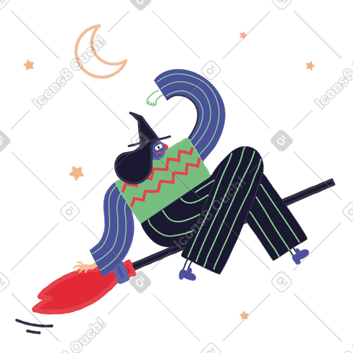 Ilustração de Bruxa halloween com chapéu voando na vassoura à noite em no estilo Stripy para baixar em PNG, SVG