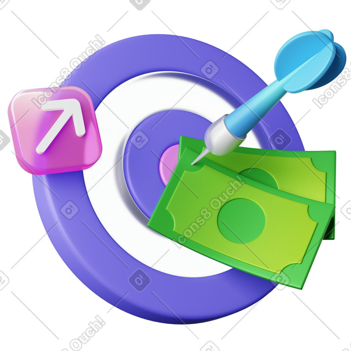 Illustration Finance goal bullseye with dart and dollar bills success dans le style 3D Playful à télécharger aux formats PNG, SVG