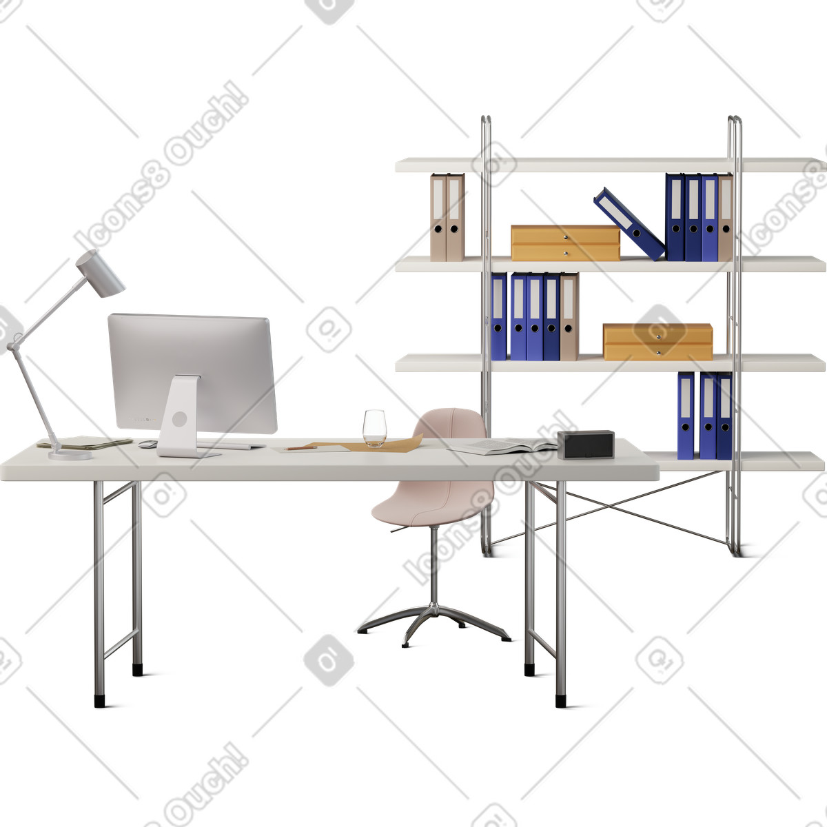 Illustration Vue de face du bureau et porte-documents dans le style 3D Hygge à télécharger aux formats PNG, SVG