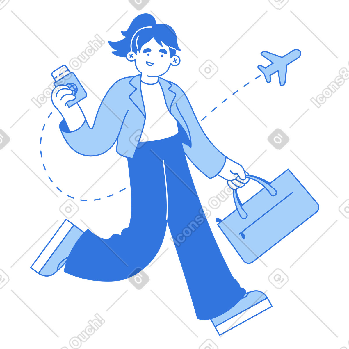 Иллюстрация Happy tourist holding passport and luggage, Airport rush for vacation в стиле Sky — скачать в форматах PNG, SVG