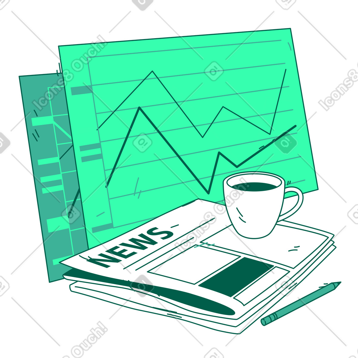 Newspaper, analytics and morning coffee illustration in PNG, SVG
