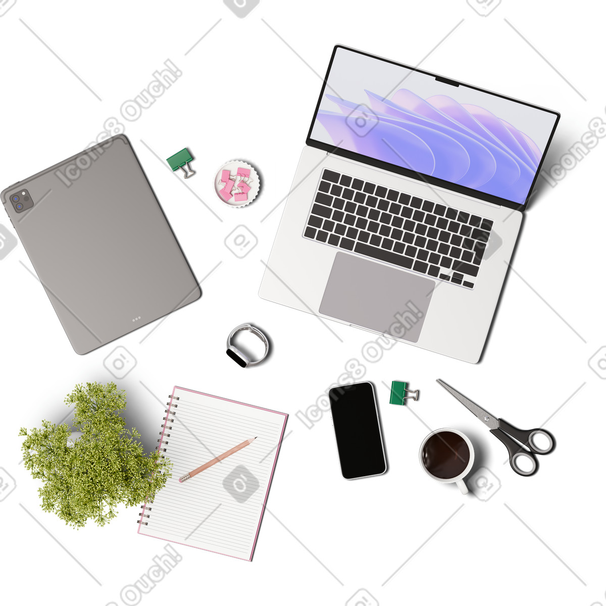 Vista dall'alto di laptop, notebook, smartphone e tablet illustrazione in stile 3D Hygge scarica in PNG, SVG
