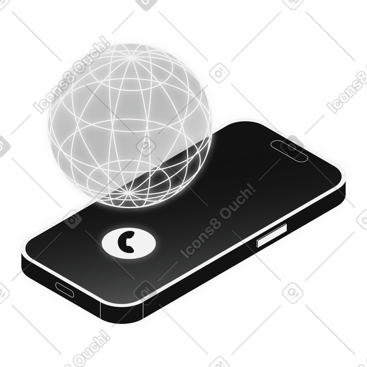 Glowing globe above mobile phone, international roaming and global network connectivity illustrazione in stile Inverse scarica in PNG, SVG