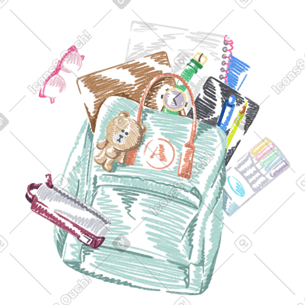 School backpack with supplies illustration in Sketchbook style download in PNG, SVG