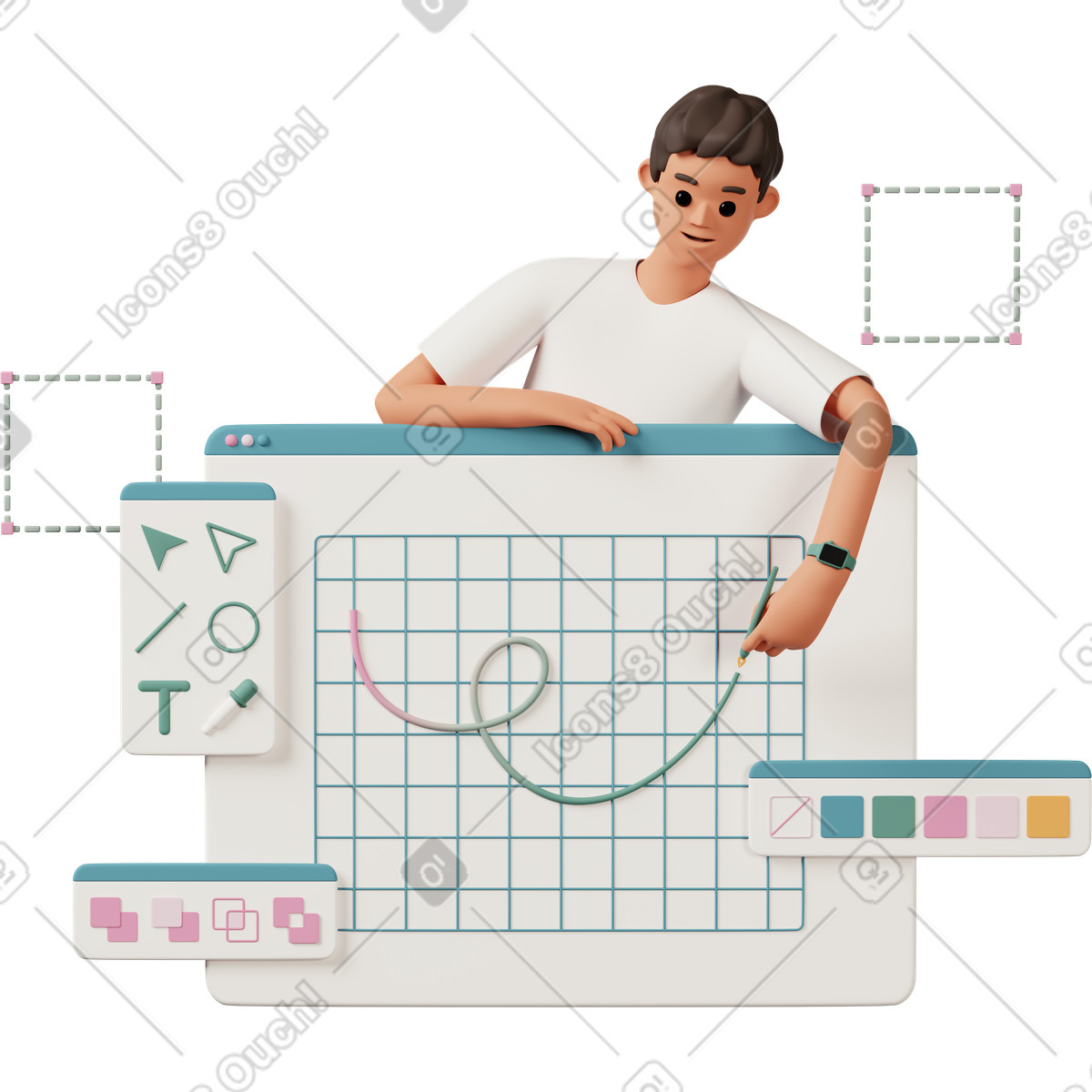 Giovane che disegna una curva nel programma per designer illustrazione in stile 3D Casual life scarica in PNG, SVG