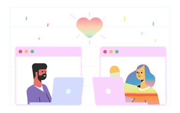 Two people video chatting with laptops - Marginalia style illustration