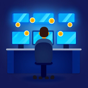 A mysterious hacker sitting in a dark room, illuminated by the glow of multiple screens, with floating bitcoins surrounding them.