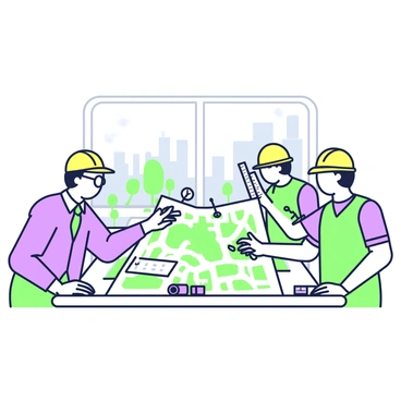 A group of three engineers is gathered around a large, detailed map laid out on a table. The first engineer, wearing a blue shirt and glasses, is pointing at a specific area on the map, indicating a potential site for development. The second engineer, in a yellow hard hat, is jotting down notes on a clipboard, while the third engineer, dressed in a green vest, is using a ruler to measure distances on the map. Various tools, such as a compass and markers, are scattered across the table. Behind them, large windows provide a view of a city skyline, with buildings and trees visible outside.