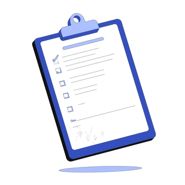 A clipboard is positioned upright on a flat surface. It features a checklist with multiple items, each marked with a checkmark to indicate completion. Attached to the clipboard is an inforce illustration request form. The form includes various fields filled out with details, such as a name, date, and a description of the requested information. The clipboard has a sturdy clip securing the form in place, and there are faint impressions and scratches on its surface, indicating it has been used frequently.