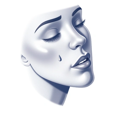 A close-up of a face showing a single "tear drop" rolling down the "cheek." The skin appears smooth and slightly glistening, while the features express a deep emotional response. The eye is partially closed, with the eyelashes framing the tear as it descends. The surrounding skin shows subtle imperfections, emphasizing the rawness of the moment. The overall composition focuses on the tear as the central element, encapsulating the intensity of the emotion being felt.