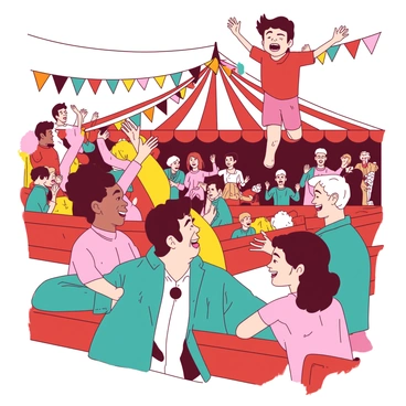 A diverse group of people is gathered in a large tent, their faces lit up with expressions of "awe" and "excitement." Among them, a child in a red shirt is jumping up with hands raised high, while a woman in a yellow dress is clapping her hands joyfully. A man in a teal jacket is leaning forward, eyes wide, capturing the intense atmosphere. In the foreground, a couple is sharing a laugh, their faces turned toward the center of attention. Behind them, colorful banners hang from the tent, enhancing the festive mood of the scene. The audience is seated on wooden benches, with various snacks like popcorn and cotton candy in hand, adding to the lively circus ambiance.