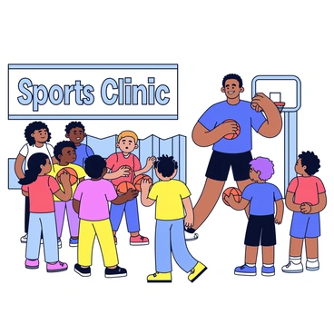A scene depicting "John Cena" in a community center, engaged with children during a sports clinic. "John Cena" is wearing a bright blue t-shirt and black athletic shorts. He is demonstrating a basketball dribble technique to a group of eager kids. The children, diverse in appearance, are wearing colorful sports jerseys and are attentively watching him. Some are practicing dribbling with basketballs, while others are lined up, waiting for their turn to learn. The community center background features a large banner that reads "Sports Clinic" in bold letters, and there are basketball hoops and other sports equipment visible around the room.