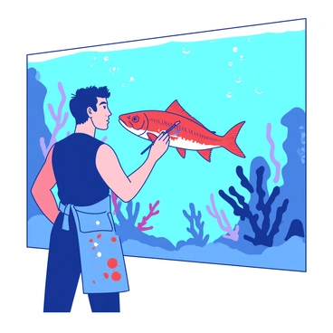 An artist with a focused expression is standing in front of a large aquarium wall, holding a paintbrush in their right hand. The artist is wearing a blue apron covered in colorful paint splatters. The wall features a vibrant illustration of a "redfish" swimming gracefully among stylized coral and sea plants, showcasing detailed scales and fins. The surrounding area of the aquarium is filled with small bubbles rising to the surface, and there is a hint of reflection from the water's surface above the mural. The scene captures the artist's dedication to their craft as they bring the mural to life.