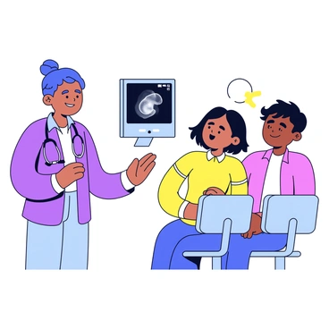 An ultrasound technician is standing next to a monitor displaying a clear image of a baby's profile. The technician has a welcoming smile and is pointing towards the monitor. An expectant couple is seated nearby, looking at the monitor with expressions of joy and surprise. The woman has her hand on her partner's arm, and they are leaning in closely to see the image. The room is equipped with medical supplies and soft lighting, contributing to a calm atmosphere.
