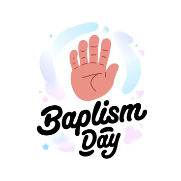 A tiny baby handprint is visible in the center of a white canvas. The handprint is surrounded by a soft halo of light pastel colors, creating a gentle gradient effect. Below the handprint, the words "Baptism Day" are inscribed in elegant, flowing script. There are small decorative elements like stars and hearts around the handprint, adding a whimsical touch to the composition. The overall scene evokes a sense of innocence and celebration.