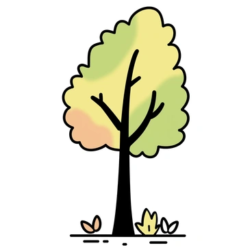 A tall tree with a sturdy trunk, displaying a canopy of green leaves. Some leaves are mid-fall, showcasing a gradient transformation from vibrant green to shades of orange. The ground below is littered with various leaves in different stages of color change, creating a tapestry of autumn hues. Sunlight filters through the branches, casting soft shadows on the ground.