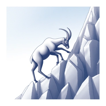 An ibex with distinctive curved horns is skillfully climbing a steep, rocky mountain face. The mountain is jagged and rugged, showcasing a variety of textures in the stone. The ibex's hooves are gripping onto the uneven surface, demonstrating agility and strength as it navigates the challenging terrain. In the background, a clear blue sky stretches overhead, providing a stark contrast to the rocky landscape. The sunlight casts shadows and highlights, emphasizing the contours of the mountain and the animal's muscular form.