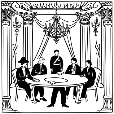 A lavish palace room with intricate architectural details and grand chandeliers hanging from the ceiling. In the center, a large round table made of dark wood is surrounded by several foreign diplomats dressed in formal attire, each holding documents. "Napoleon" stands at the head of the table, wearing a military uniform adorned with medals. Rich tapestries adorn the walls, and opulent columns flank the room. Elaborate decorations and candelabras contribute to the luxurious atmosphere.