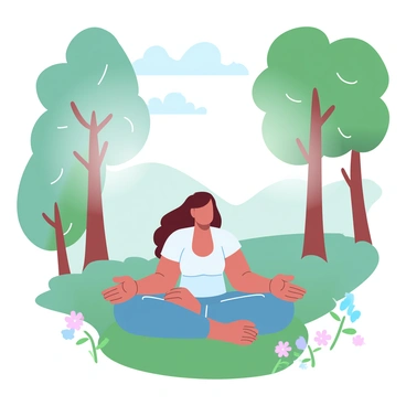 A person sitting cross-legged on a small patch of grass in a lush forest, surrounded by tall trees with thick green foliage. The individual is wearing comfortable, loose-fitting clothing suitable for outdoor activities. Sunlight filters through the leaves, casting dappled light patterns on the ground. The person has their hands resting on their knees, palms facing up, and is focused on their breathing. Nearby, a few colorful wildflowers bloom, adding splashes of color to the verdant surroundings. In the background, soft rolling hills can be seen, adding depth to the serene forest setting.