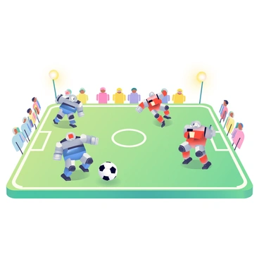 A group of small robots with shiny metallic bodies are engaged in a fast-paced soccer game on a miniature green field. The robots have various designs, including one with blue and silver colors, another with red accents, and a third shaped like a classic soccer player. They are shown in dynamic poses, with one robot executing a kick towards a small black and white soccer ball, while another is poised to defend with its arms raised. The field is surrounded by tiny spectators, consisting of other small robots and colorful flags marking the boundaries. Bright lights illuminate the scene, adding excitement to the competition.