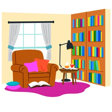A garage converted into a cozy reading nook featuring a wall lined with tall bookshelves filled with an array of colorful books. A comfortable armchair in a warm shade of brown is placed in the corner, adorned with a soft, knitted blanket draped over one arm. In front of the chair, a small wooden coffee table holds a steaming cup of tea next to an open book. Soft, ambient lighting from a stylish floor lamp illuminates the space, casting a warm glow. A plush rug covers the floor, providing a soft surface for bare feet. Decorative pillows are scattered on the chair, adding to the inviting atmosphere. A window with sheer curtains allows natural light to filter in, enhancing the cozy vibe.