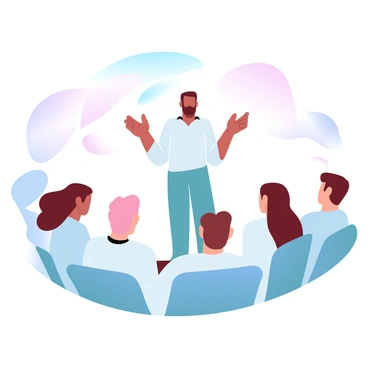 A person is standing in the center, gesturing expressively with their hands while conveying a heartfelt message. Surrounding them are three individuals, each seated and leaning slightly forward, showing focus and engagement. The atmosphere is charged with a sense of connection. The background features soft gradient pastel colors that blend harmoniously, enhancing the mood of the moment.