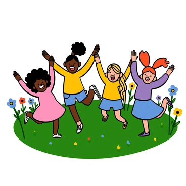 A group of four girls with different skin tones is laughing and playing together in a bright green meadow. One girl has curly black hair and is wearing a pink dress, while another girl has straight brown hair and is dressed in a yellow top and denim shorts. The third girl has wavy blonde hair and is in a purple shirt, and the fourth girl has red hair tied in two pigtails, wearing a blue skirt. They are running in circles with their arms raised in joy, surrounded by colorful wildflowers and under a clear blue sky.