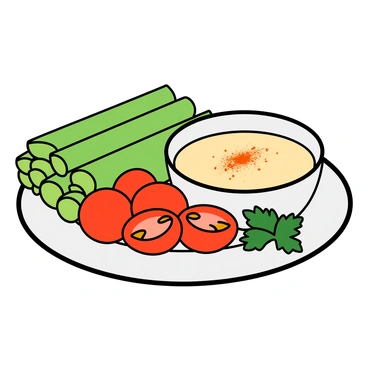 A colorful snack plate arranged on a white ceramic dish. The plate features several bright green celery sticks arranged neatly alongside a small bowl of creamy hummus, which is a light beige color. Beside the hummus, there are several red cherry tomatoes, some whole and others sliced in half, showcasing their juicy interior. The plate is garnished with a sprinkle of paprika on the hummus and a few fresh parsley leaves for a pop of color. The background is simple to keep the focus on the vibrant colors of the vegetables and the hummus.