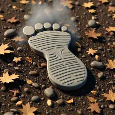 A giant footprint resting on a ground covered in fallen leaves, twigs, and small stones. The footprint is detailed and textured, showing distinct ridges and patterns. Surrounding the footprint, wisps of smoke curl upwards, blending with the earthy tones of the leaves. The overall scene conveys a sense of nature intertwining with a mysterious presence.